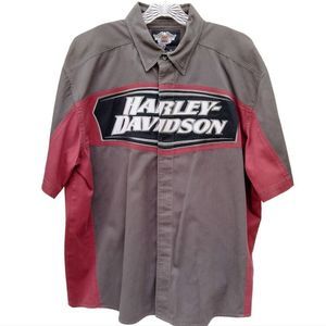 Harley Davidson Button Down Shirt Size XL Gray and Burgundy Snap Collar